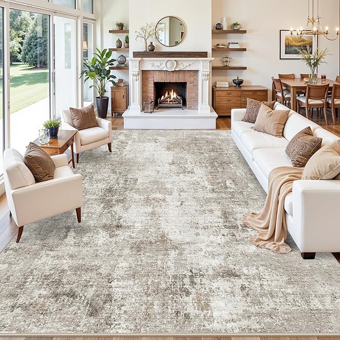 11x14 Area Rug for Living Room Washable – Large Neutral Room Size Bedroom Dining Room Rug Soft Low-Pile Modern Abstract Oversized Indoor Carpet – Non-Slip Stain-Resistant (Beige Grey)