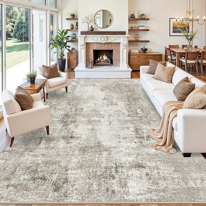 12x18 ft Extra Large Living Room Rug Washable Modern Abstract Neutral Oversize Rugs for Bedroom, Dining Room, Family Room Non-Slip Low-Pile Thin Stain-Resistant Carpet in Beige Grey