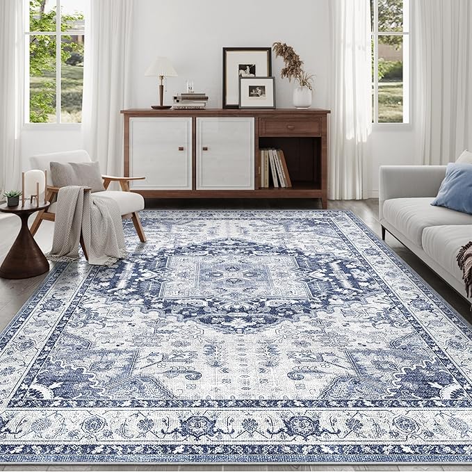 4x6 Area Rugs for Living Room, Machine Washable Non Slip Vintage Rug, Non-Slip Stain Resistant, Large Soft Home Decor Rug for Bedroom Dining Room (Navy/Blue,4'x6')