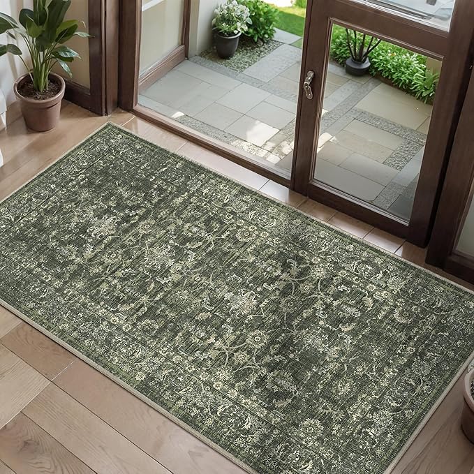 2x4 Green Runner Rug Hallway Washable Area Rugs Kitchen Vintage Boho Non Slip Long Rug Floral Carpet Indoor Retro Soft Low Pile Throw Rug for Bedroom Bathroom Laundry Dining Living Room Office