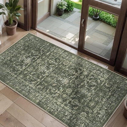 2x4 Green Runner Rug Hallway Washable Area Rugs Kitchen Vintage Boho Non Slip Long Rug Floral Carpet Indoor Retro Soft Low Pile Throw Rug for Bedroom Bathroom Laundry Dining Living Room Office