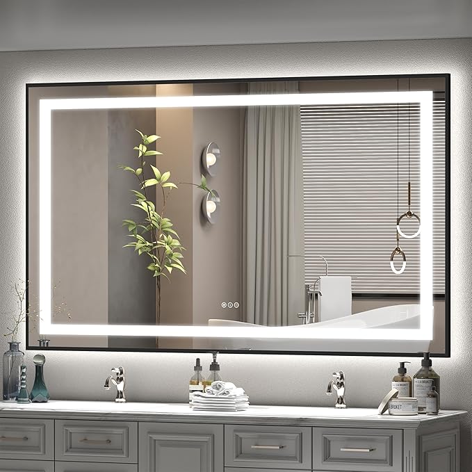 60x36 Framed LED Lighted Bathroom Mirror, Dimmable Vanity Mirror for Wall, Backlit and Front Lighted, Anti-Fog, Memory (Horizontal/Vertical)