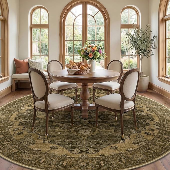 RELEANY Area Rugs Round 10ft Washable Non-Slip, Floral Vintage Distress Print Pattern Medallion Carpet for Living Room Bedroom Dining Room, Brown Dark Brown