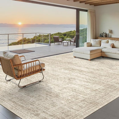Soalmost Washable Area Rug 8x10, Large Soft Rugs for Living Room Vintage Beige Carpet 8x10 Area Rugs for Bedroom Dining Room Non-Slip Stain Resistant Under Table Rug