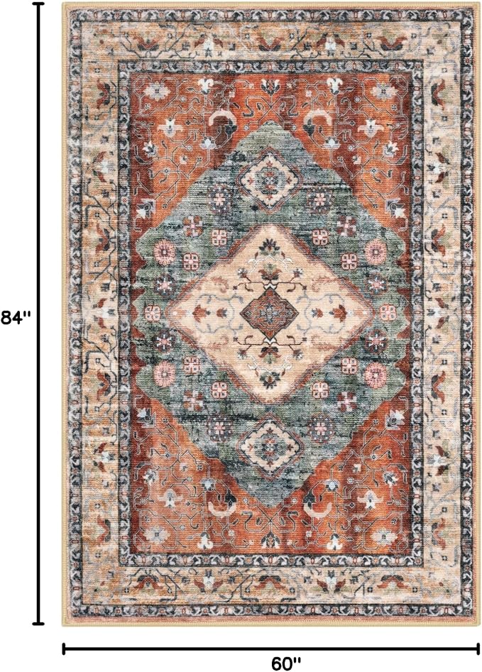 KOZYFLY Boho Area Rug 5x7 Ft Thin Rugs for Living Room Washable Bedroom Rug Non Slip Rugs for Living Room Rust/Orange/Blue Printed Faux Wool Vintage Bedroom Rug Floor Carpet for Dining Room