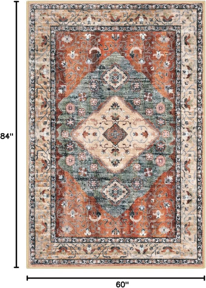 KOZYFLY Boho Area Rug 5x7 Ft Thin Rugs for Living Room Washable Bedroom Rug Non Slip Rugs for Living Room Rust/Orange/Blue Printed Faux Wool Vintage Bedroom Rug Floor Carpet for Dining Room