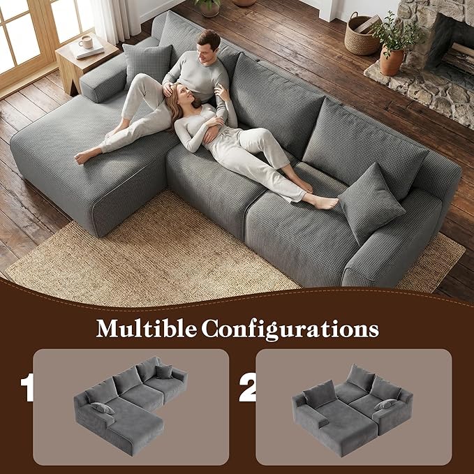 Homkdom Modular Sectional Sofa, L-Shaped Cloud Couch with Deep Seat, Convertible 6-in-1 Boneless Couches for Living Room, Memory Foam Sofa, No Assembly Required (Grey Check, Left Facing Chaise)