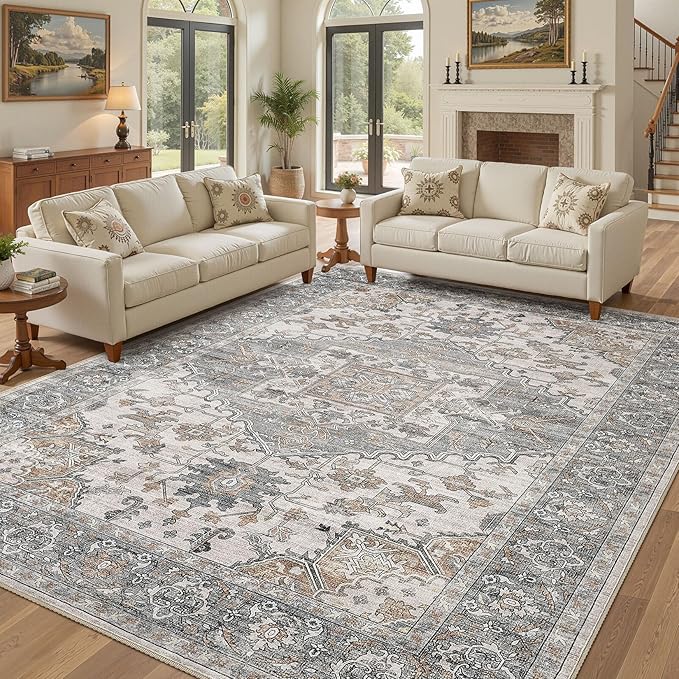 10x14 Washable Area Rugs for Living Room: Non Slip Vintage Gray Brown Rug, Large Soft Stain Resistant Indoor Floor Carpets for Bedroom Dining Room Nursery Home Office Kid & Pet Friendly