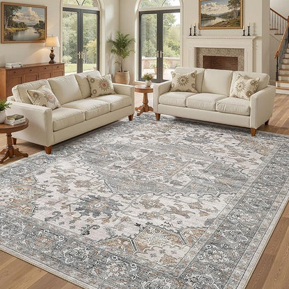 10x14 Washable Area Rugs for Living Room: Non Slip Vintage Gray Brown Rug, Large Soft Stain Resistant Indoor Floor Carpets for Bedroom Dining Room Nursery Home Office Kid & Pet Friendly