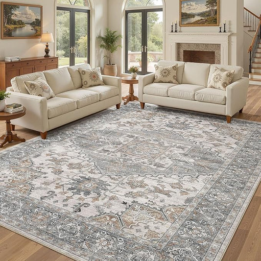 10x14 Washable Area Rugs for Living Room: Non Slip Vintage Gray Brown Rug, Large Soft Stain Resistant Indoor Floor Carpets for Bedroom Dining Room Nursery Home Office Kid & Pet Friendly
