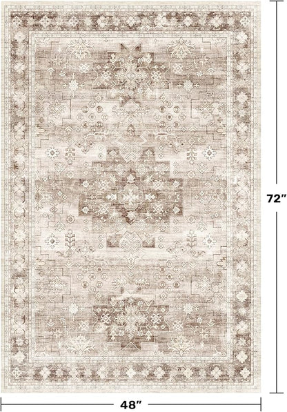 Hazo Haus Washable Neutral Farmhouse Living Room Rug, 4x6 Area Rugs for Bedroom, Nursery Room, Boho Vintage Floral Non-Slip Rug Low Pile Stain Resistant (4x6 Beige/Latte)