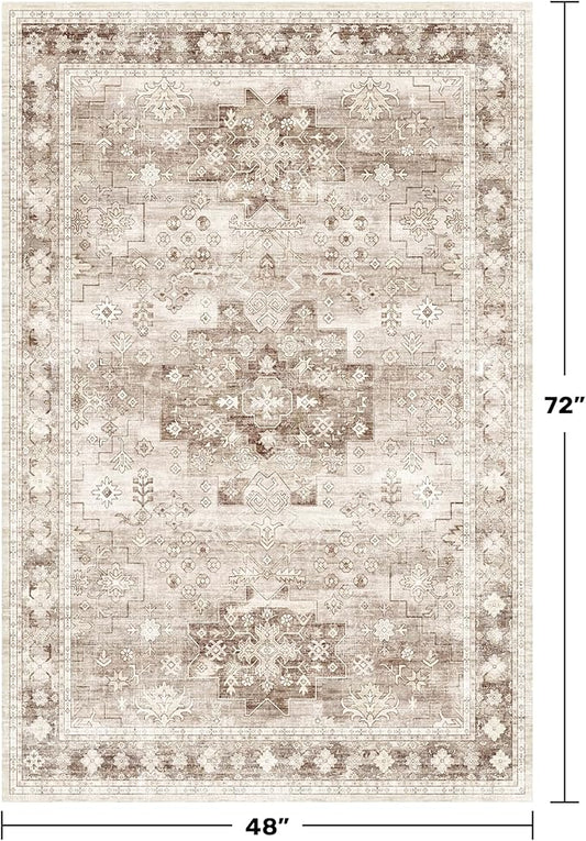 Hazo Haus Washable Neutral Farmhouse Living Room Rug, 4x6 Area Rugs for Bedroom, Nursery Room, Boho Vintage Floral Non-Slip Rug Low Pile Stain Resistant (4x6 Beige/Latte)