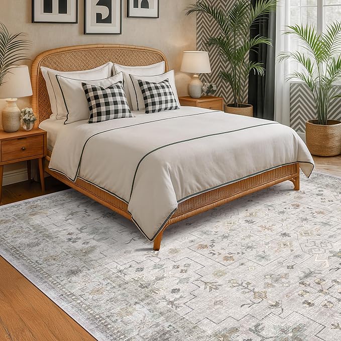 Hazo Haus Light Gray 8x12 Large Area Rugs for Living Room - Oriental Rug for Bedroom Under Bed, Dining Room Under Kitchen Table, Washable Soft Non Slip Unique Indoor Décor