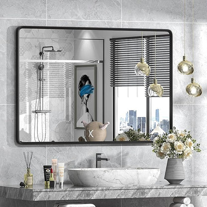 48x32 Black Bathroom Mirror for Wall, Matte Black Metal Framed Rectangle Bathroom Vanity Mirror, Rounded Corner, Anti-Rust, Shatterproof (Horizontal/Vertical)