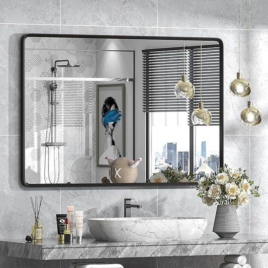 48x32 Black Bathroom Mirror for Wall, Matte Black Metal Framed Rectangle Bathroom Vanity Mirror, Rounded Corner, Anti-Rust, Shatterproof (Horizontal/Vertical)