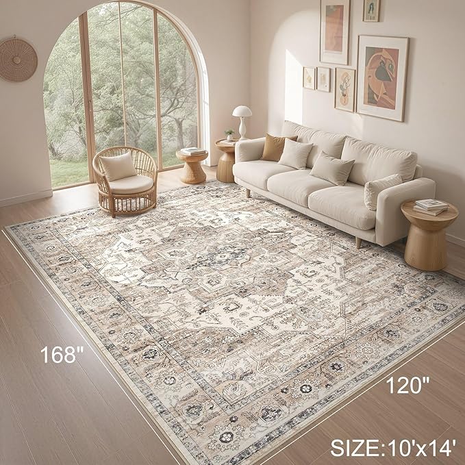 Area Rug 10x14 Washable Vintage - Soft Traditional Rug for Living Room Bedroom Dining Room or Home Office -Non Slip Backing Large Rugs with Low Pile Farmhouse Oriental Retro Carpet - Tea Brown