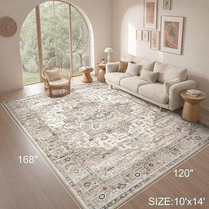 Area Rug 10x14 Washable Vintage - Soft Traditional Rug for Living Room Bedroom Dining Room or Home Office -Non Slip Backing Large Rugs with Low Pile Farmhouse Oriental Retro Carpet - Tea Brown