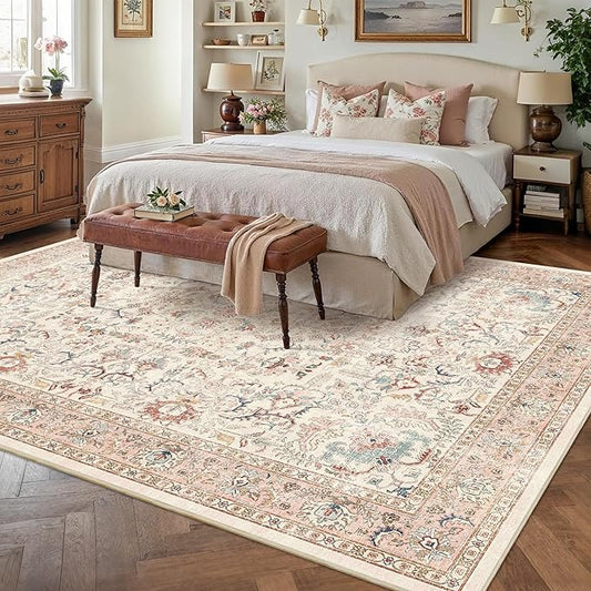 8x10 Pink Washable Area Rugs for Living Room Non Slip Low Pile Vintage Boho Throw Rug Soft Retro Distressed Floral Large Carpet Indoor Farmhouse Decor for Bedroom Dining Room Office Kitchen Playroom