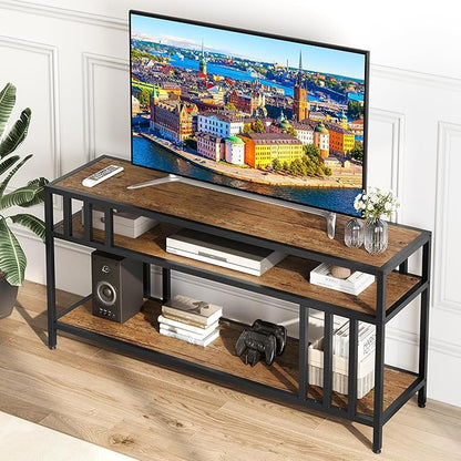 65'' TV Stand for Television up to 75 Inches, Entertainment Center with 3-Tier Open Storage Shelves, TV Media Console Table with Quadruple-Tube Support for Living Room, Rustic Brown