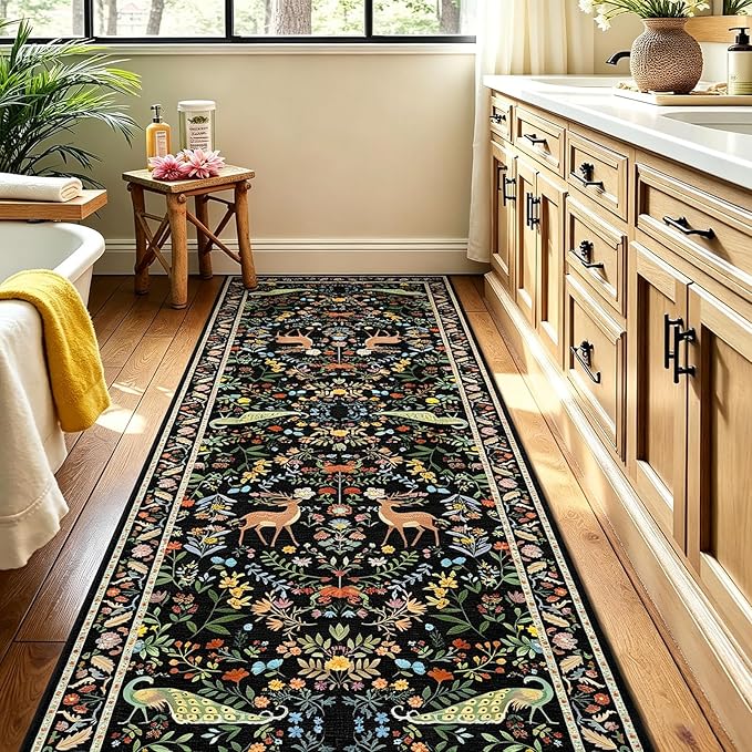 Black Floral 2'6"x8' Washable Non Slip Runner Rugs for Hallways, Non Skid Stain Resistant Rug Runners for Kitchen, Entryway, Mudroom - Dark Floral Cottagecore Home Decor