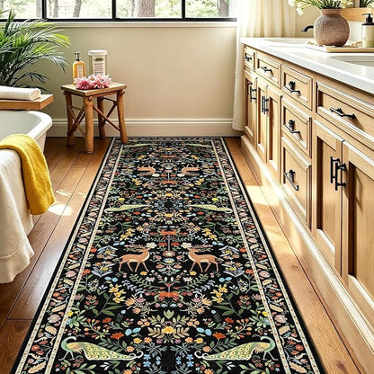Black Floral 2'6"x8' Washable Non Slip Runner Rugs for Hallways, Non Skid Stain Resistant Rug Runners for Kitchen, Entryway, Mudroom - Dark Floral Cottagecore Home Decor
