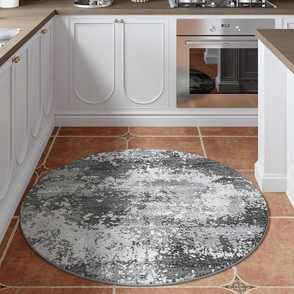 Round Area Rugs 4ft Washable Grey Circle Rug for Entryway Kitchen, Non Slip Soft Low Pile Stain Resistant, Boho Circular Carpet for Living Room Bedroom Dorm Dining Room Table, Abstract Gray