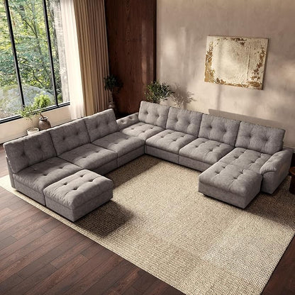 Oversized Modular Sectional Sofa with Storage, Modern Deep Seat Cloud Couch for Living Room, L-Shaped Large Sectional Couch, 7 Seater with 2 Ottomans, Gray
