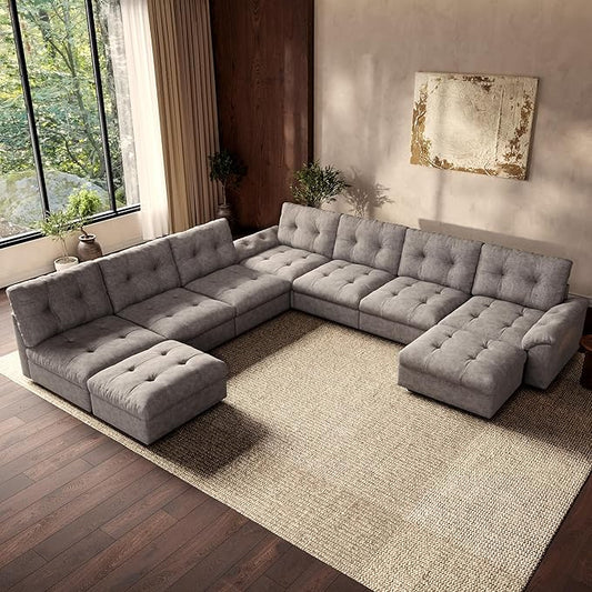Oversized Modular Sectional Sofa with Storage, Modern Deep Seat Cloud Couch for Living Room, L-Shaped Large Sectional Couch, 7 Seater with 2 Ottomans, Gray