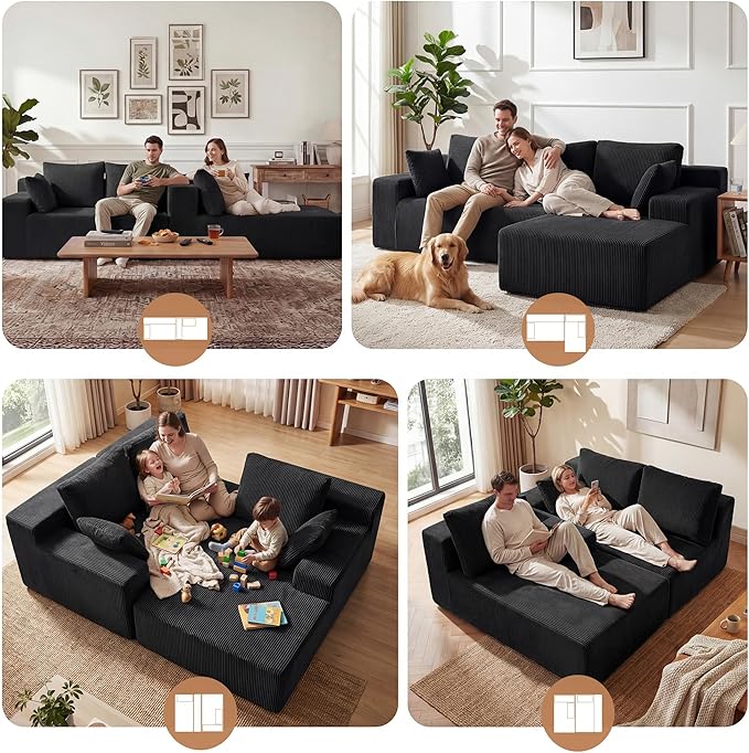 GRUSIGN Cloud Sectional Boneless Couches for Living Room, Modular L Shaped Couch with Deep Seat Oversized Left Facing Chaise, Memory Foam Compressed Spineless 3 Seater Sofa for Apartment, Black