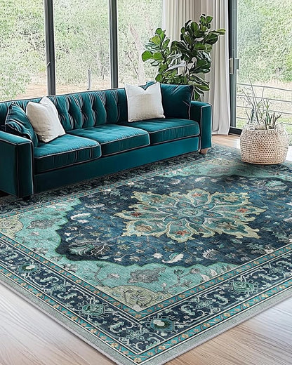 RELEANY Area Rugs 7'x9' Washable Non-Slip, Floral Vintage Distress Print Pattern Medallion Carpet for Living Room Bedroom Dining Room, Teal Green Lake Blue Turquoise