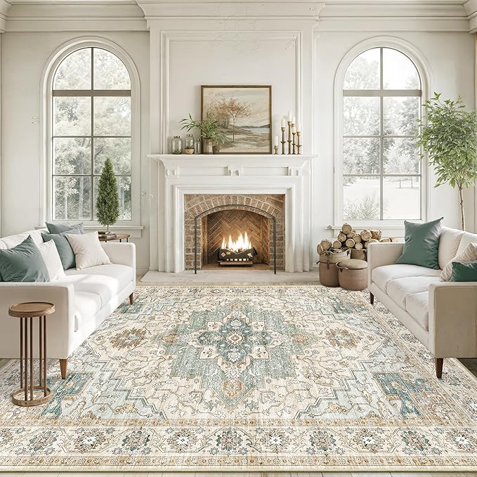 10x14 Living Room Rug - Large Washable Non Slip Vintage Rugs Low Pile Stain Resistant Distressed Carpet for Bedroom Dining Room Home Office 10'x14' Green/Beige