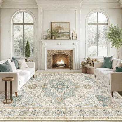 10x14 Living Room Rug - Large Washable Non Slip Vintage Rugs Low Pile Stain Resistant Distressed Carpet for Bedroom Dining Room Home Office 10'x14' Green/Beige