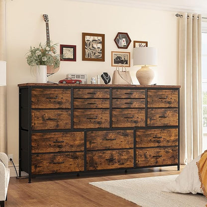16 Drawers Long Dresser for Bedroom, 51"W Dressers with Power Outlets for 60"Inch TV for Living Room, Entertainment Center with Storage, Media TV Stand Console Table 51.1''W*11.8''D*34.8''H, Brown