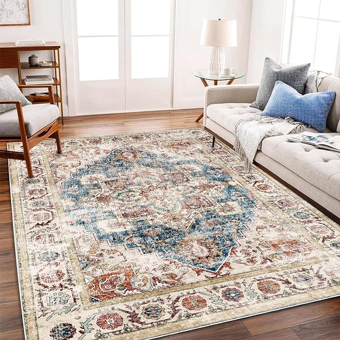 CHAMPLANT Washable Area Rug 10'x14' Beige Blue Boho Chic Medallion Distressed Design Non-Shedding Easy Care Ideal for High Traffic Areas in Living Room Bedroom Office Coffee Table Large Carpet