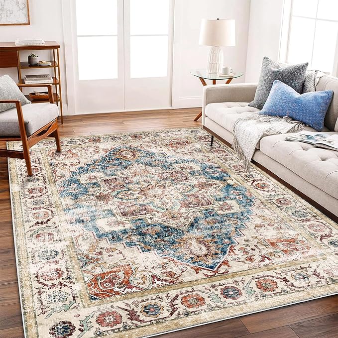 CHAMPLANT Beige Blue Washable Area Rug 8'x10' Boho Chic Medallion Distressed Design Non-Shedding Easy Care Ideal for High Traffic Areas in Living Room Bedroom Office Coffee Table Large Carpet