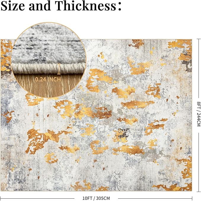 Washable 8x10 Area Rug: Modern Large Rugs for Living Room Dining Room Bedroom Office Indoor - Non-Slip Carpet Home Decor - Orange Gold Grey