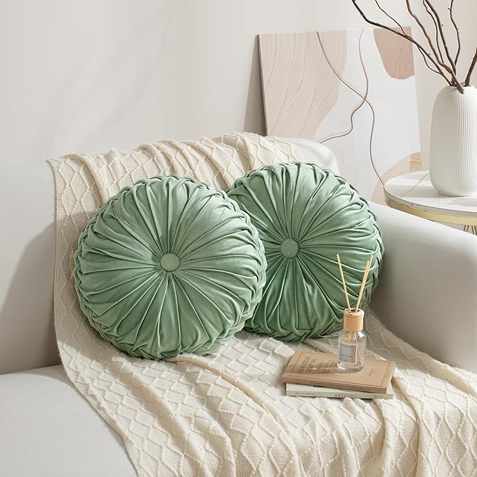 HIG Set of 2 Decorative Round Pleated Throw Pillows, Classy Accent Pumpkin Throw Pillows with Center Button, Vintage Velvet Floor Pillows for Sofa Vanity Chair Bed, Sage, 14.5" Diameter(Ripple)