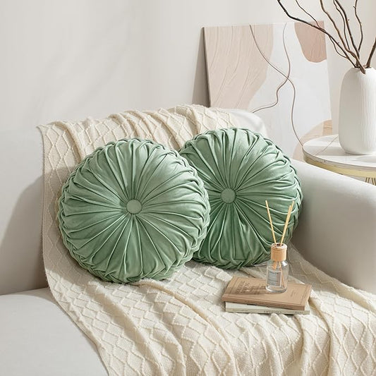 HIG Set of 2 Decorative Round Pleated Throw Pillows, Classy Accent Pumpkin Throw Pillows with Center Button, Vintage Velvet Floor Pillows for Sofa Vanity Chair Bed, Sage, 14.5" Diameter(Ripple)