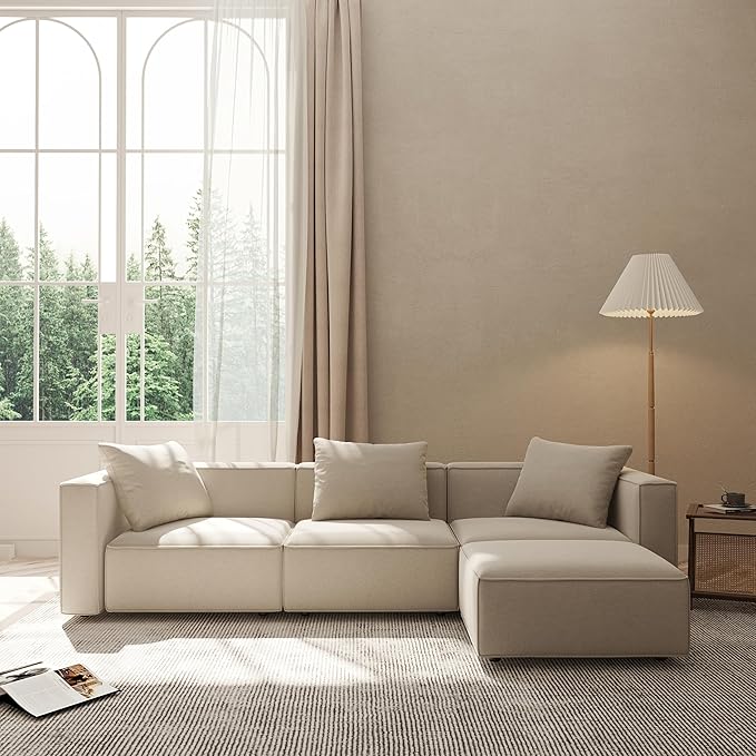 Acanva Luxury Modular Sectional Living Room Sofa Set, Modern Minimalist Style Couch with Ottoman and Chaise, L-Shape, Linen-Like Cream | Minimalist Style