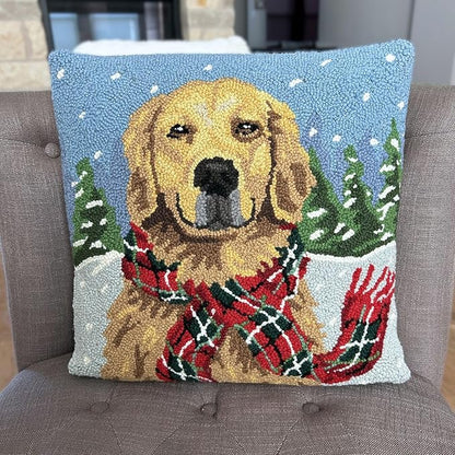 Hand Hooked Christmas Pillow - 16X16 inches Throw Pillow for Couch or Dorm (Golden Retriever)
