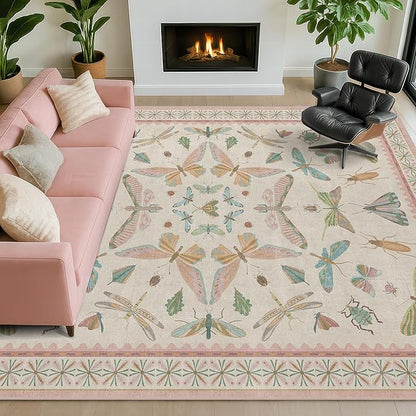 Hazo Haus Floral Pink Rugs for Bedroom Girls 6x9 - Insect Print Cute Girly Rug for Living Room, Dining Room Under Kitchen Table, Washable Low Pile Vintage Bug Art Nouveau Home Decor