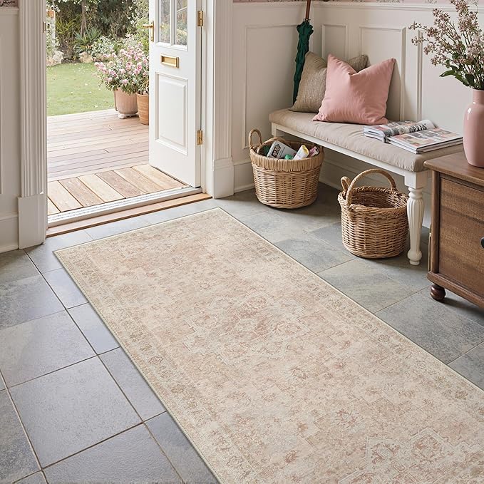 GENIMO Runner Rug 2'6"x8 Machine Washable Non Slip Vintage Hallway Runner Rug, Low Pile Lightweight Rugs for Indoor Entryway, Hallway, Kitchen and Corridor, Light Pink