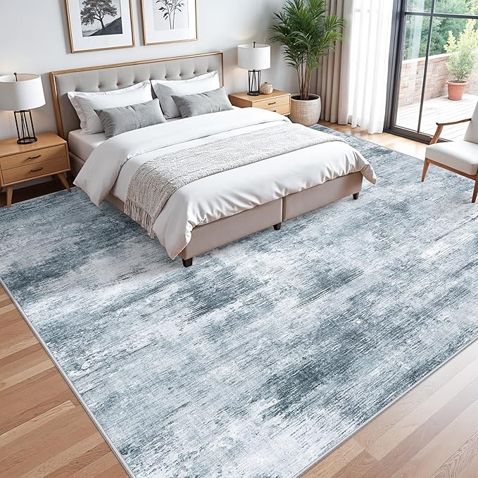 12x12ft Square Living Room Rug – Non-Slip Washable Extra Large Floor Carpet for Bedroom, Dining Room, Playroom Room – Modern Abstract Neutral Thin Low-Pile Big Indoor Rug (Misty Blue Gray)