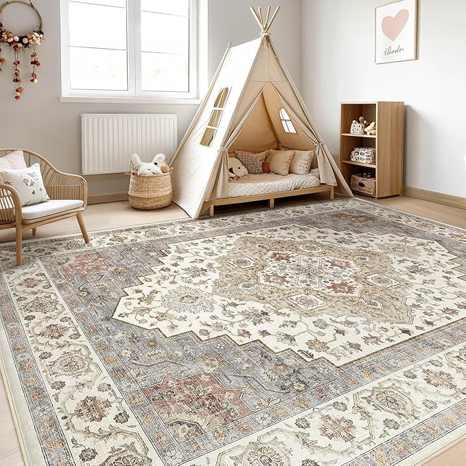 7x10 Area Rug Living Room: Washable Boho Large Neutral Vintage Soft Rugs Stain Resistant Farmhouse Non-Slip Indoor Floor Carpet for Bedroom Nursery Kids Playroom Office Dining Room- Orange Beige