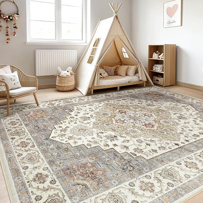 6x8 Area Rug Living Room: Washable Boho Large Neutral Vintage Soft Rugs Stain Resistant Farmhouse Non-Slip Indoor Floor Carpet for Bedroom Nursery Kids Playroom Office Dining Room- Orange Beige