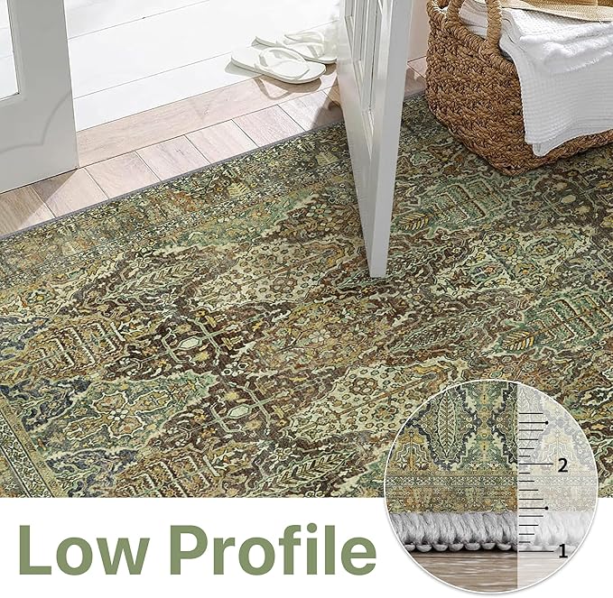 2x7 Runner Rug Machine Washable Boho Rug Runners for Hallway,Ultra-Thin Low Pile Rug,Lightweight Indoor Carpet,Non Slip Floral Runners for Enrtyway, Corridor, Home Office, Kitchen,Sage Green