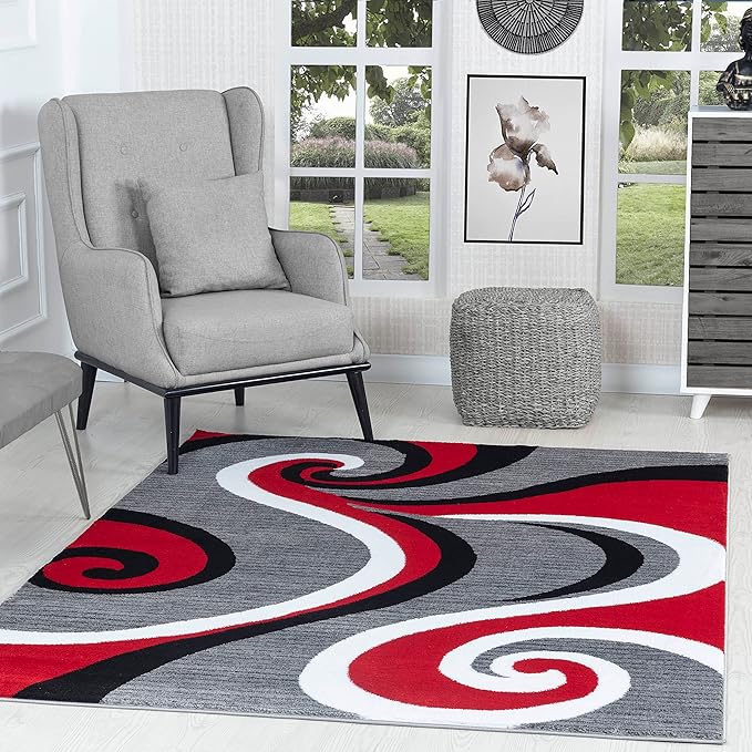 GLORY RUGS Modern Area Rug 8x10 Red Gray Swirls Carpet Bedroom Living Room Contemporary Dining Accent Sevilla Collection 4817 (8x10, Red)