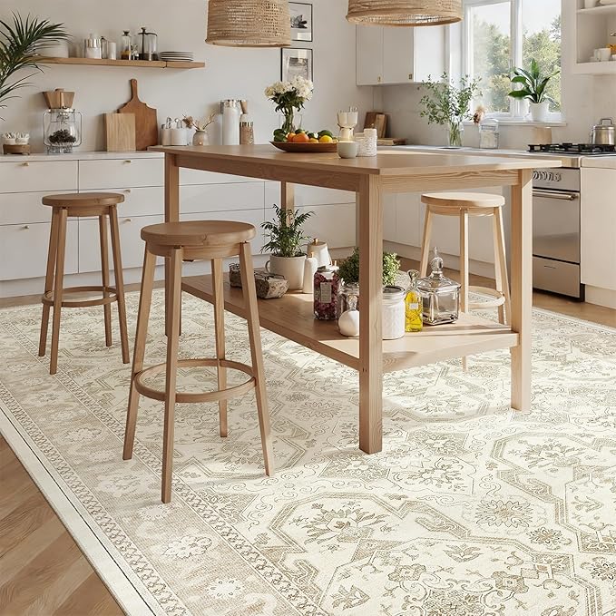 Soalmost Washable Area Rug 8x12, Large Soft Rugs for Living Room Vintage Beige/Brown Carpet 8x12 Area Rugs for Bedroom Dining Room Non-Slip Stain Resistant Under Table Rug