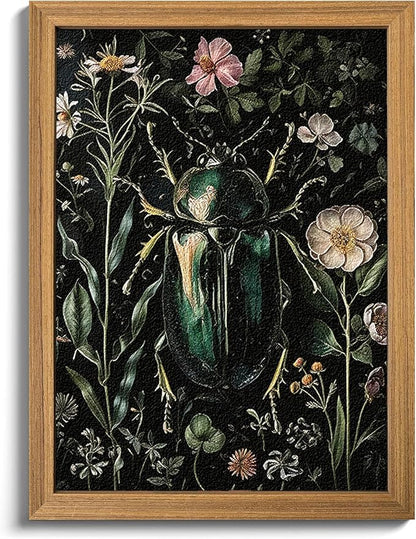 Framed Vintage 3D Textured Wall Art - Gothic Dark College Beetle Wall Decor - Hand Drawn Sandstone Nature Botanical Pictures for Living Room Bedroom Home Decor 24x36in