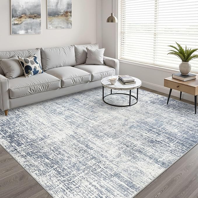7x10 Area Rug Living Room: Washable Large Neutral Blue Rug Abstract Soft Modern Stain Resistant Indoor Floor Non-Slip Carpet for Bedroom Nursery Kids Office Playroom Dining Room Under Table Home
